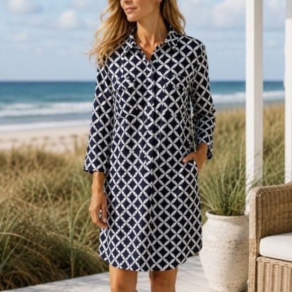 Vineyard Vines Dresses & Skirts - Vineyard Vines Margo Harbor Shirt Dress Navy White Nautical Geometric Latice L